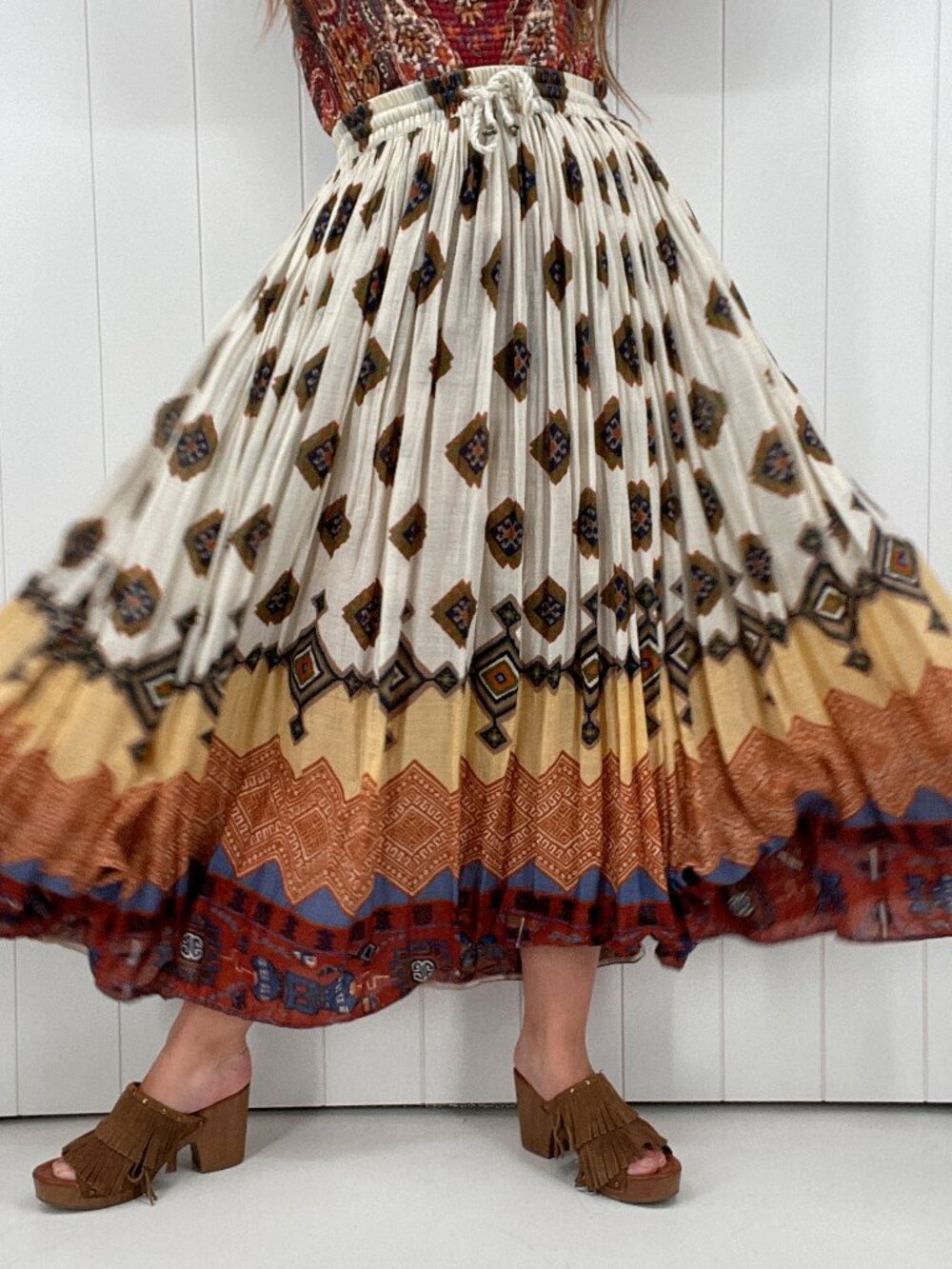 Vintage Indian Cotton Style Bohemian Hippie Pleated Broomstick Peasant Skirt S/M